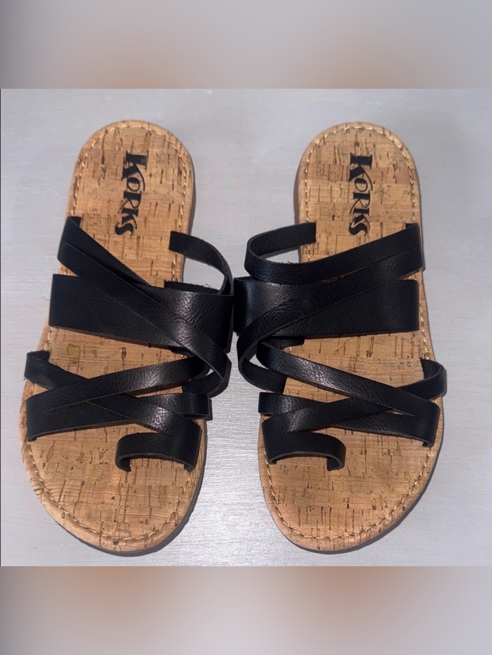 Kork-Ease Black Strappy Cork Slide Sandals, size 7 (runs large), Excellent Cond.